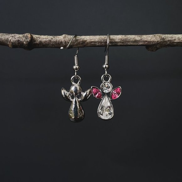 Dainty Silver Angel Crystal Rhinestone Pink Wings October Birthstone Earrings - Picture 2 of 7